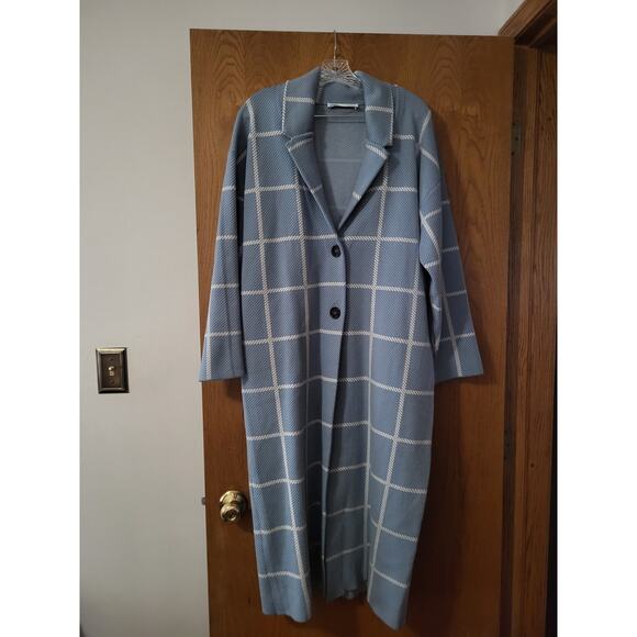 Zara Blue Button Plaid Checkered Knit Oversized Jacket Long Duster Coat EUC S - Picture 3 of 8